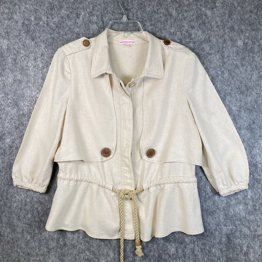 Charlotte Ronson Jacket Cotton Drawstring Sz S Beige 3/4 Sleeve Peplum Buttons